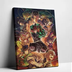 Epic Demon Hunter Team Canvas  Art Green Checkered Sword Fighter Poster Print Japanese Anime Pillars Group Painting Hardcore Manga Room Decor Gamer Cave  Hanging Gift for Fans wall