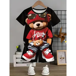 Children's Autumn and Winter Fashion Flannel  Two-piece Set  Toddler Kid's Clothes For Spring Fall Winter Daily & Outdoor Wear Boys' Casual 3D Cartoon Bear Pattern Short Sleeve Shorts Set - All-Season Knit Fabric, Polyester and Spandex Blen