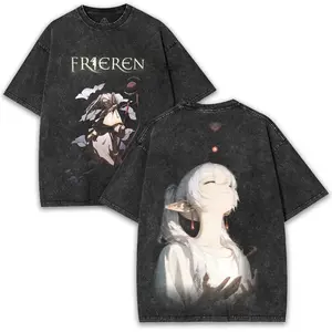 Frieren Anime Washed Tee: Elf Mage Graphic Front & Back – Oversized Vintage Streetwear Aesthetic, Premium 260GSM Thick.