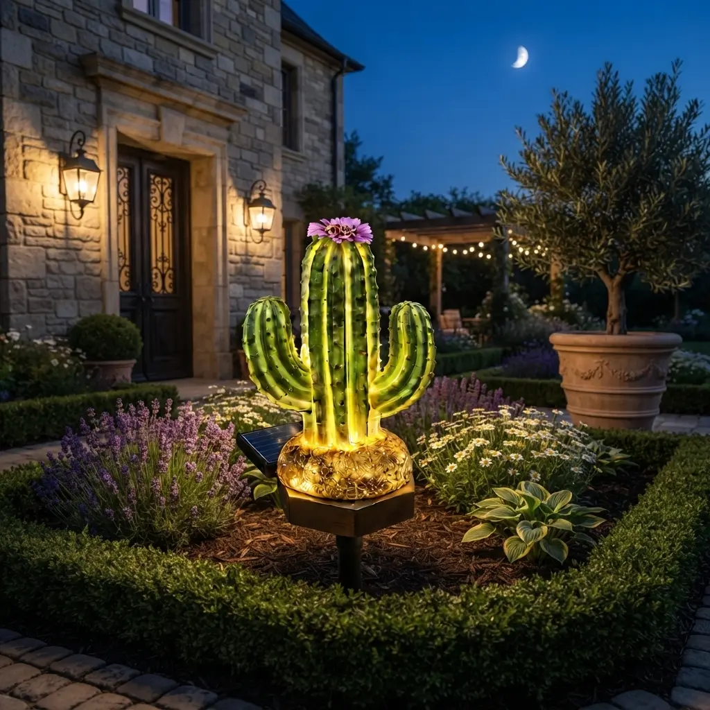 Solar Cactus Garden Light Outdoor Waterproof,LED Illuminated Metal & Glass Cactus Yard Stake Decor with Flower Accent for Yard, Pathway,Patio,Lawn,Bright Glowing Desert Landscape Art,Whimsical Housewarming Gift,LED Landscape Lamp, Desert Patio Yard Decor