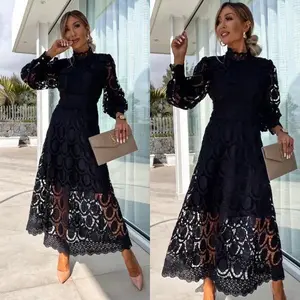 Women's Elegant Romantic Lace Puff Sleeve Mid-Calf Dress Casual Wear Polyester Womenswear Fit