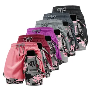 Women’s summer casual athletic shorts with a two-piece layered design and camouflage print, suitable for running and everyday workouts, summer vibes