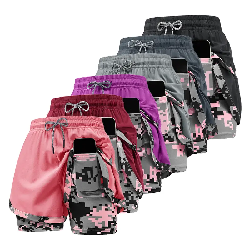 Women’s summer casual athletic shorts with a two-piece layered design and camouflage print, suitable for running and everyday workouts, summer vibes