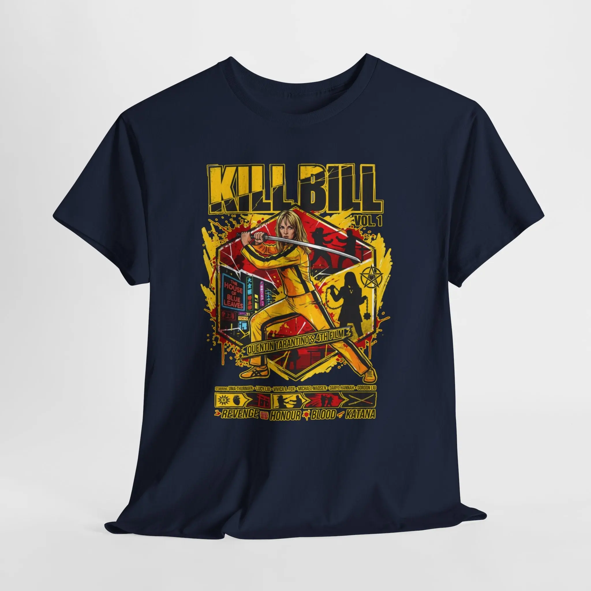 Men's Kill Bill Printed Short-Sleeve T-Shirt, Retro Action Movie Poster Graphic Tee, Denim Streetwear Fabric Top, Jacket, Shortsleeve