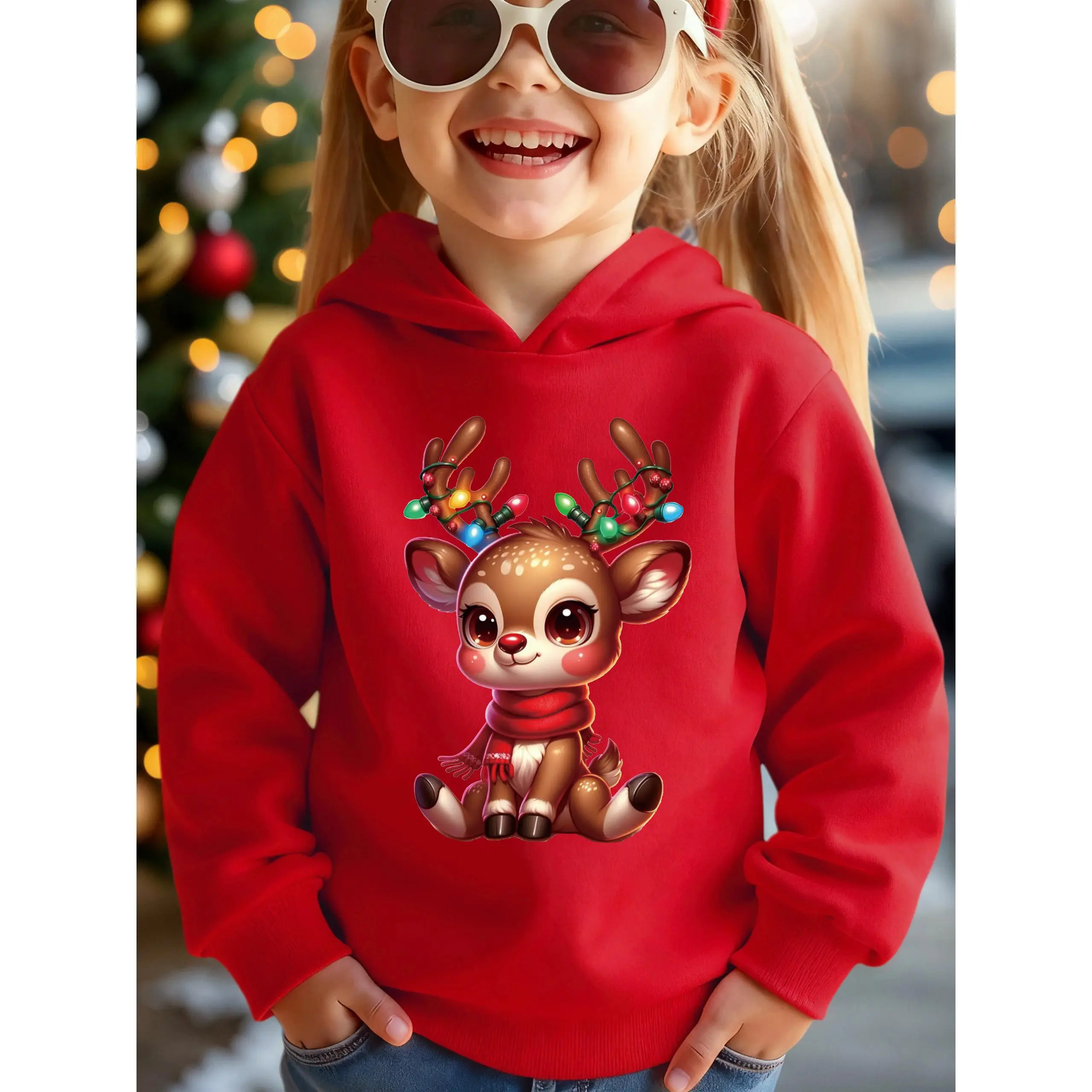 Girls' Christmas Reindeer Hooded Sweatshirt - Pink Winter Warmth with Red & Green Reindeer Print, Soft Fleece Pullover for Holiday Party Outfits, Comfortable Fit, Playful Design, Festive Clothing, Cute Reindeer Pattern, Cozy Long Sleeve Sweater for, Cotto