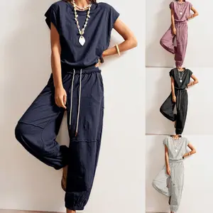 Yeokou Women's Casual Jumpsuit – Crewneck, Cap Sleeve, Drawstring Waist Romper with Pockets, One-Piece Outfit