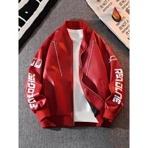 Men’s Stylish Baseball Collar Street Jacket, PU Leather Fabric with Letter Print and Star Pattern, Perfect for Motorcycle Culture and Trendy Streetwear