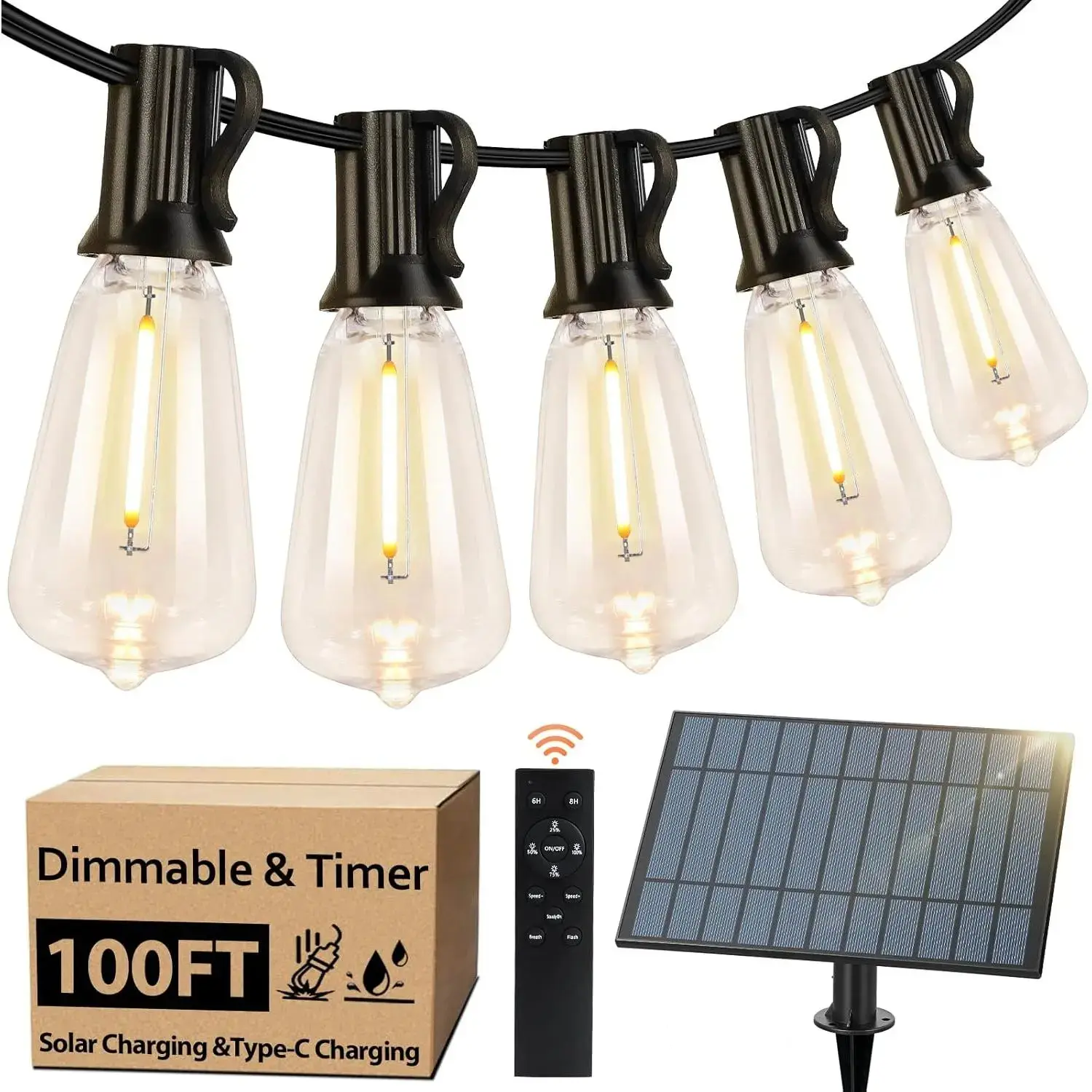 Waterproof Solar String Lights - Shatterproof ST38 LED Bulbs, Color-Adjustable, Energy-Saving, Remote Lighting String Lights with Timer Set, Timed Glow for Routines, Backyard Patio Decor