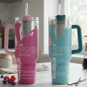 Bull Pink, Blue & White Edition 40oz Stainless Steel Tumbler With Handle and Straw, Double Wall Vacuum Insulated Travel Mug