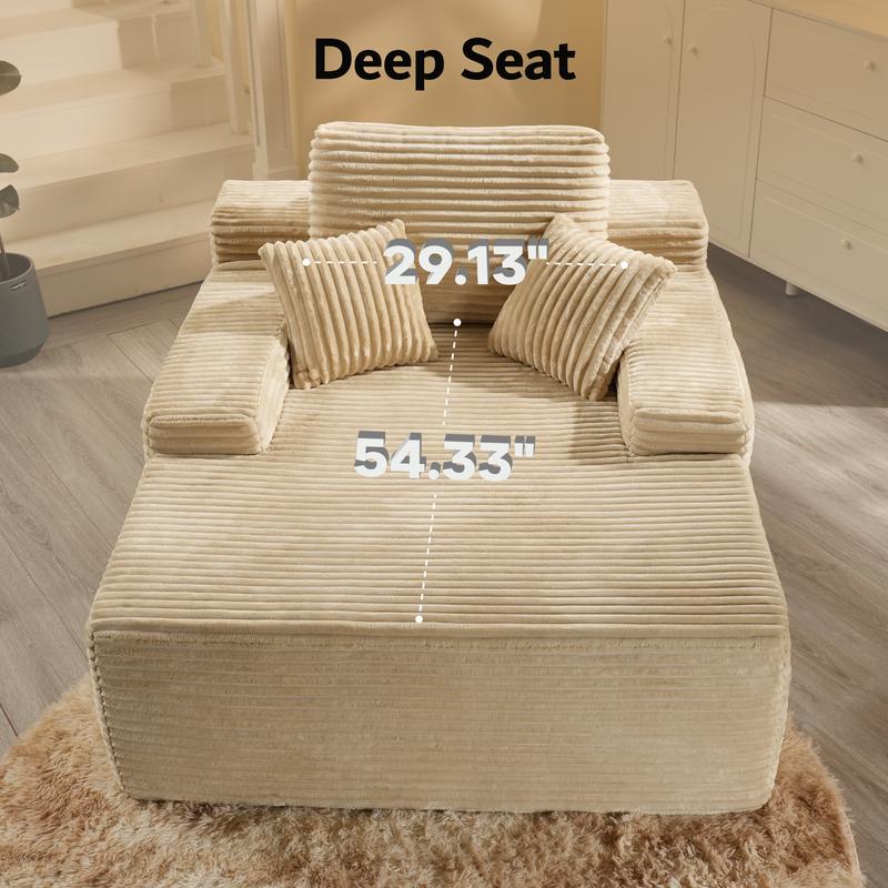 【Jumpstart Sale】Ovios 49'' Boneless Chaise Lounge with Cup Holders, Upholstered Sofa Bed with Throw Pillows and Armrests, Indoor Sleeper Chair- Luxurious Plush Corduroy Chair Bed for Living Room - No Assembly Required