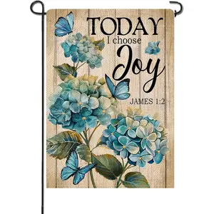 Blue Hydrangea Inspirational Small Decorative Garden Flag, Today I Choose Joy Flower Butterfly Courtyard Outdoor Decoration, Spring Summer Bible Verse Floral Outdoor Home Decoration Double-Sided12*18 INCH, Garden Decor, Courtyard Fl