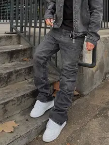 Men's High Street Vintage Wash Patchwork Jeans, Loose Straight Fit Fashion Micro Flare Long Pants, Trendy Casual Denim