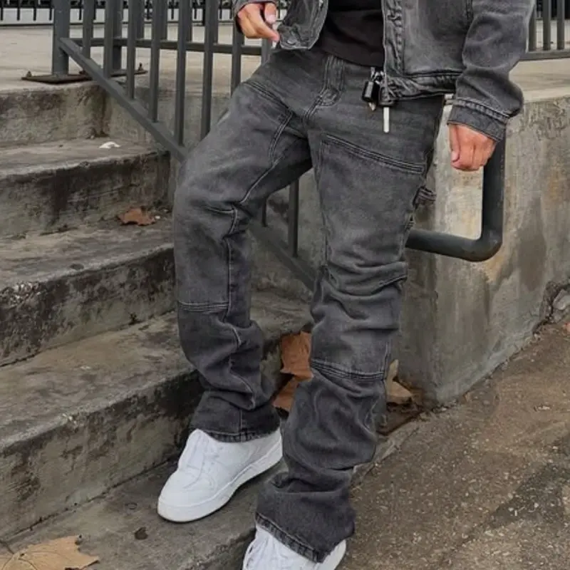 Men's High Street Vintage Wash Patchwork, Loose Straight Fit Fashion Micro Flare Long Pants, Trendy Casual Denim, Streetwear Jeans