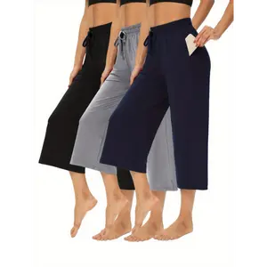 3pcs Drawstring Wide Leg Capri Pants, Women's Loose Fit Athletic Yoga Pants With Pockets, Casual Comfort Sports Cropped Trousers For Outdoor Fitness Training