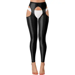 ChiaoLezhee Sexy Shiny Leggings For Women, Sheer High Waisted, Shimmer Sparkly Glossy Rave Party Pants Suspender Pantyhose