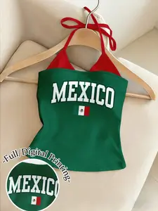 Womens Mexico Print Crop Top | Y2K Halter Neck Soccer Fan Cami