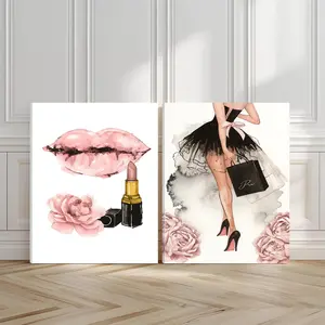2pcs Chic Wall Art, Pink Beauty Poster, Watercolor Floral Print, Feminine Style Art Prints, Romantic Romance Home Decor, Modern Wall Paintings, Minimalist Canvas Posters Wall Arts, Decor for Living Room, Bedroom, Housewarming Gift, With Frame