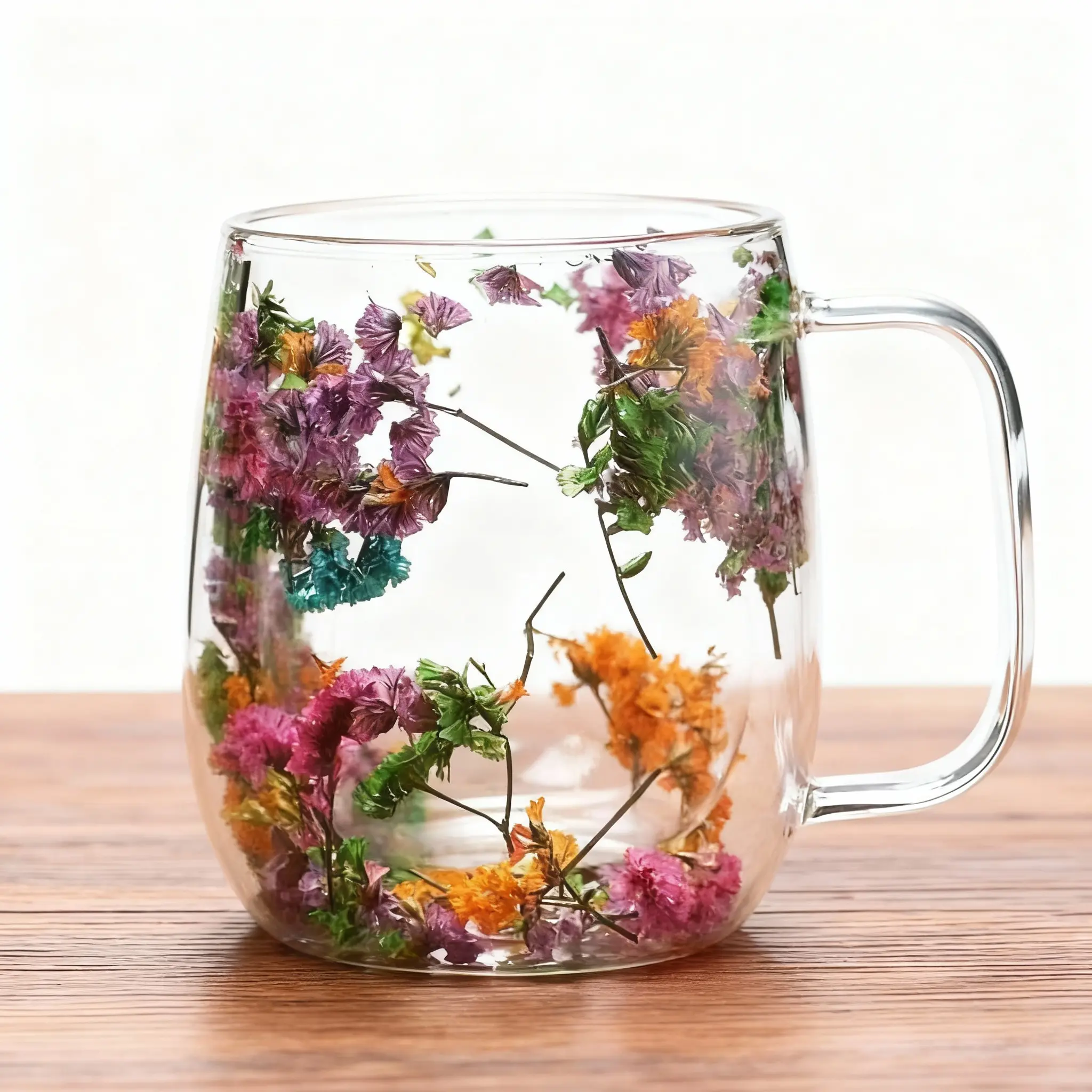 Artisanal Double-Walled Glass Cup with Dried Flowers, Heat-Resistant Transparent Tea Mug, Home/Office Aesthetic Coffee Drinkware