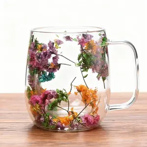 Double-Walled Glass Cup with Dried Flowers, Handmade Artistic Tea Mug, Heat-Resistant Transparent Water Glass for Home & Office Aesthetic Coffee Drinkware