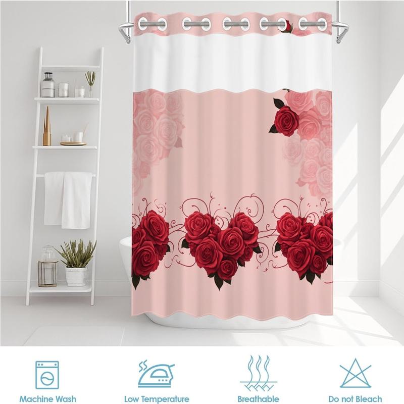 1pc hookless shower curtain with buckle lining, spring pink rose vine design, 2D flat printing, fabric waterproof lining, see-through double-layer shower curtain, 71 x 74 inches, modern home draping curtain, Shower Curtain Liner