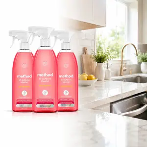 Method 28 oz Pink Grapefruit All-Purpose Natural Surface Cleaner, plant-based spray, cuts grease, grime, pink grapefruit scent, counters, tile, stone, marble, metal, sealed wood, glass, kitchen, bathroom, non-porous surfaces, cruelty free, recycled bottle
