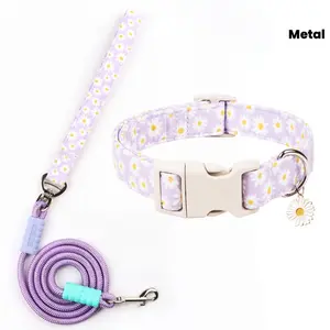 Spring Daisy Flower Adjustable Dog Collar+Traction Rope Set, Comes With Quick Open Buckle - Light Purple Bottom With White Yellow Soft Cute Cartoon Daisy Print, Suitable For All Day Wear All Seasons, Rotating Metal Buckle Suitable For Daily Walk
