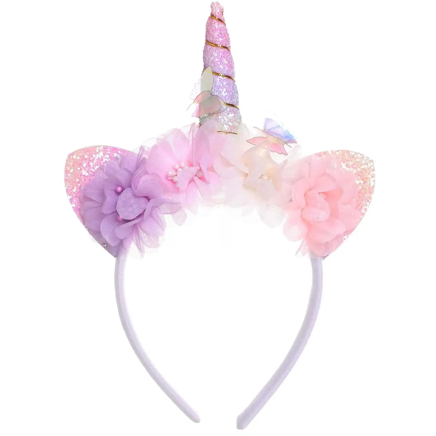 L-HDW123 Unicorn Horn Floral Headband Glitter Flower Butterfly Unicorn Ears Pony Hairband – Magical Blossom Hair Accessory for Women Cosplay & Birthday Party Halloween