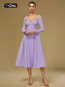 Parthea Backless Tie Shoulder Ruched Long Sleeve Dress, Feminine Elegant Chic Womenswear Formal Wear Evening Gown, Slim-Fitting Plain Style, Spring & Fall Fashion