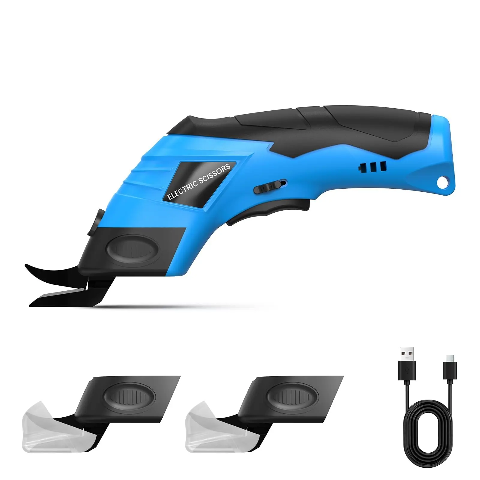 Cordless Electric Scissors for Cardboard - Electric Cardboard Cutter with 1 Spare Sheader for Cutting Fabric, Carpet, Leather, Paper, Plants, Rechargeable Power Sheader Box Cutter, Blue and Black