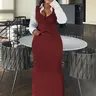 USBoutiqueCHIC Casual Elegant Two Piece Set Sleeveless Button Down Vest + Maxi Skirt Ice Silk Fabric For Women