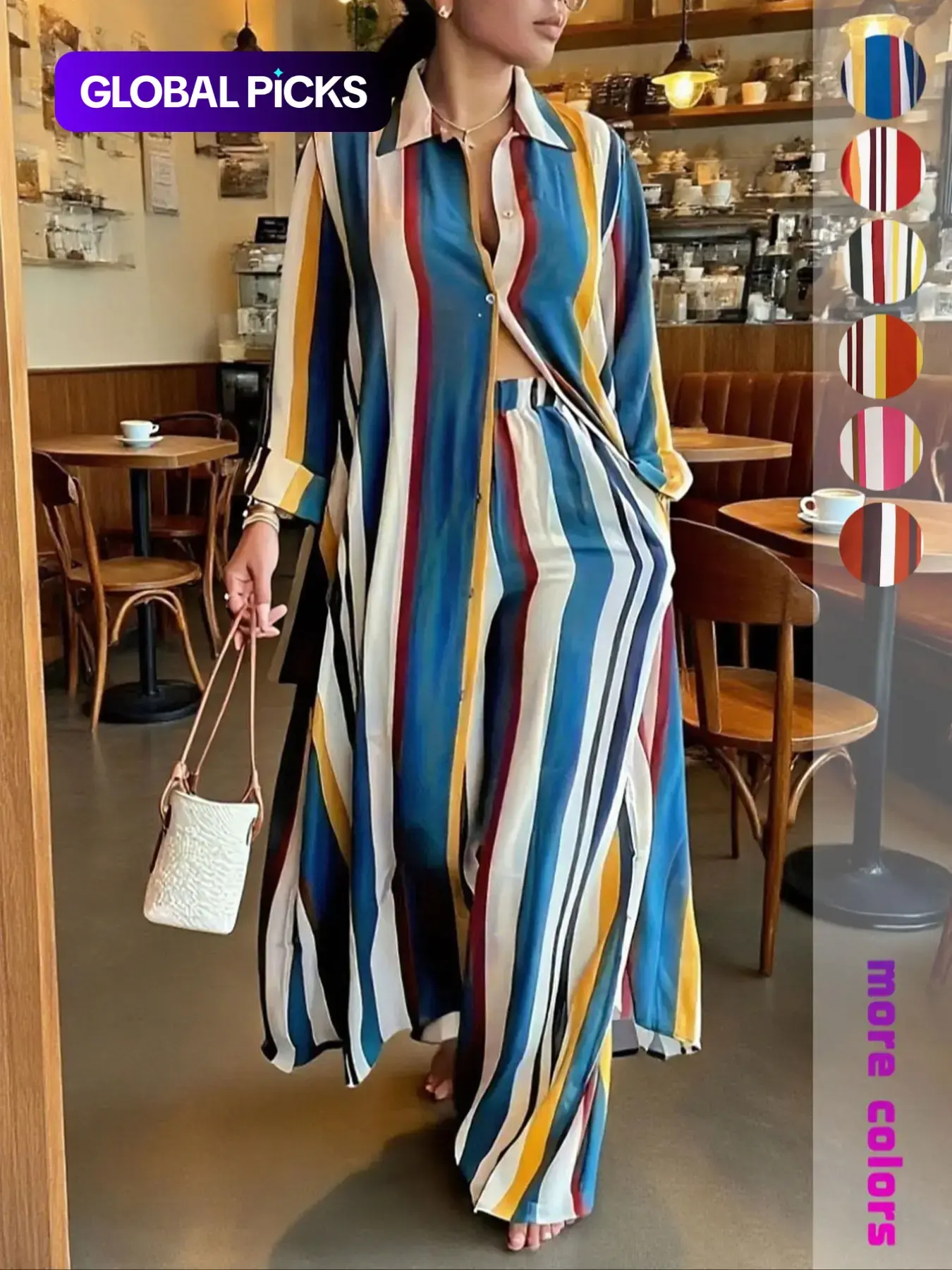 【Juicy Exclusive】Plus Size Women's Striped Two-Piece Set, Long Sleeve Shirt & Wide Leg Pants, Casual Flowy, Perfect for Vacation & Daily Wear