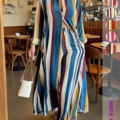 Plus Size Women's Striped Two-Piece Set, Long Sleeve Shirt & Wide Leg High Waist Pants, Casual Flowy, Perfect for Vacation & Daily Wear
