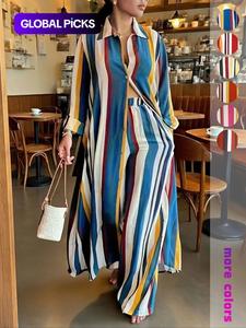 women's striped two-piece set long sleeve shirt & wide leg pants casual loose fit for vacation daily wear spring fall fashion