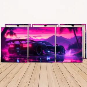 3 Counts Wooden Framed Canvas Painting, Neon Night Supercar Landscape, Exquisite Poster, Perfect Living Room Decoration, Modern Art, Fashion Family Poster, Wall Art Decoration, Waterproof Art