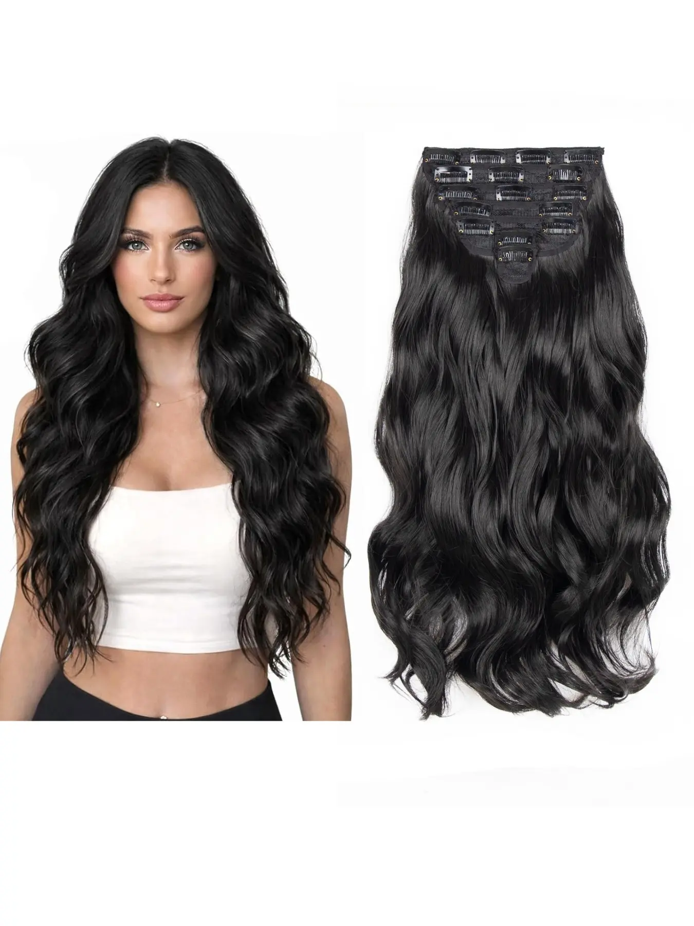 18 Inch Long Wavy Invisible Clip-In Hair Extensions, 7 Pieces Set, Dual Weft Weaving Technique, Seamless Look, Easy Application, Wavy Synthetic Hairpieces