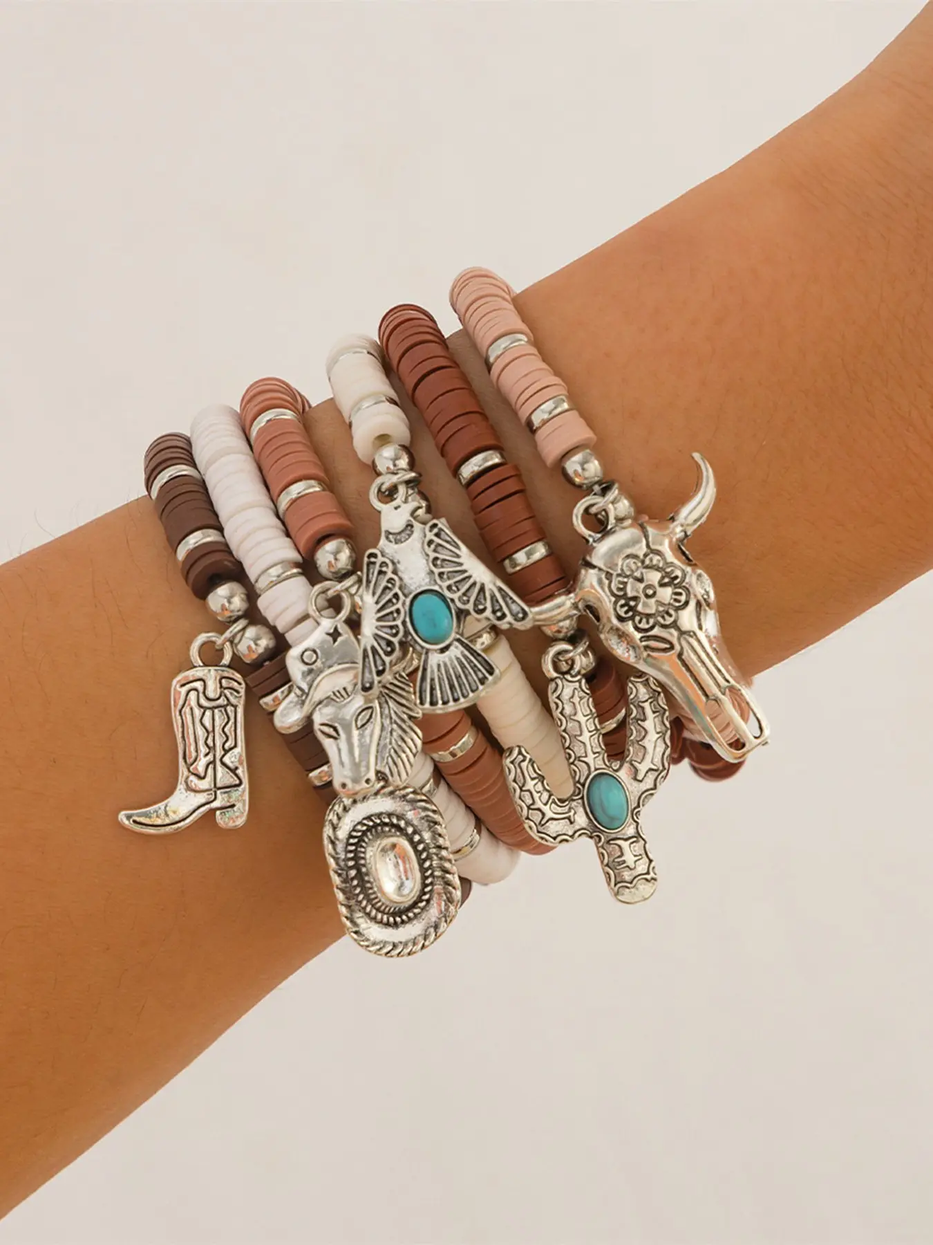 Western Hippie Style Set, Faux Turquoise Cactus Bracelet, Cowgirl Hat, Soft Clay Beads, Bohemian Accessory, Daily Wear, Holiday Gift, Bohemian Bracelets, Boho Style Bracelet, Bohemian Jewelry, Bracelet Sets