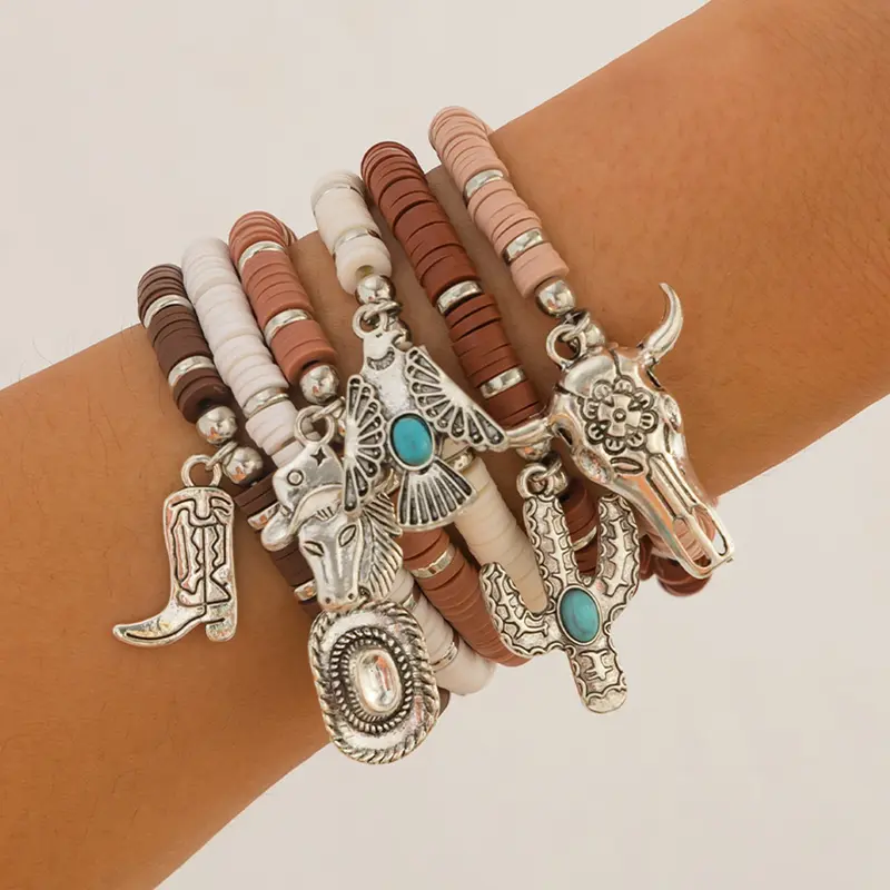Western Hippie Style Set, Faux Turquoise Cactus Bracelet, Cowgirl Hat, Soft Clay Beads, Bohemian Accessory, Daily Wear, Holiday Gift, Bohemian Bracelets, Boho Style Bracelet, Bohemian Jewelry, Bracelet Sets