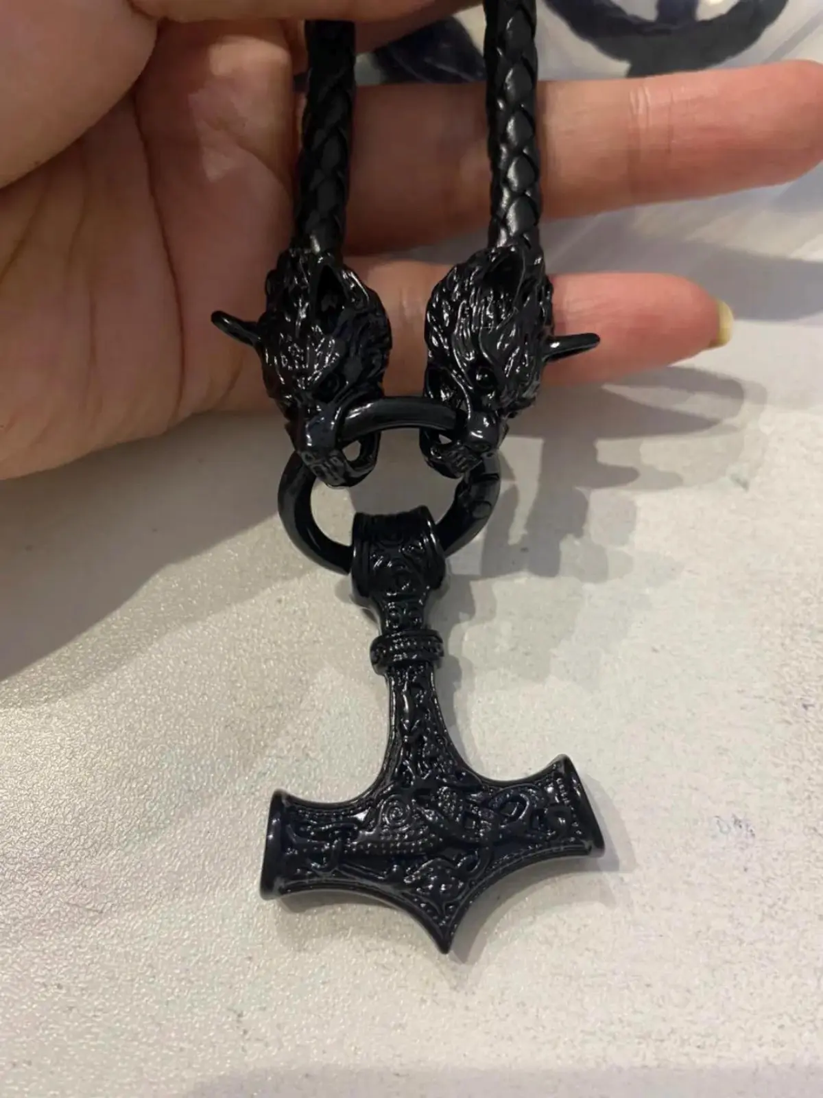 Black Mjolnir Necklace with Fenrir Chain
