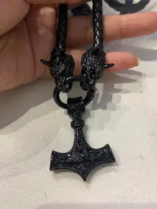 Black Mjolnir Necklace with Fenrir Chain