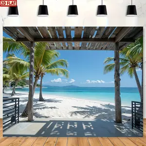 2D Flat, Tropical Palm Tree Beach Scene Wall Mural - a Colorful Polyester Photo Backdrop Suitable for Home, Bedroom, Living Room, Or Office Decoration - to Install Indoors, Requires No Electricity, Nature-Themed Aesthetic