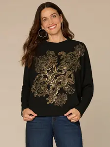 Long Batwing Sleeve Surplus Neck Fog Foil Screen Print Petite Knit Top