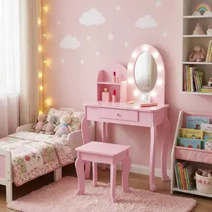Lighted Mirror Kids Vanity Set with Stool – Wooden Makeup Table for Girls, 3 Light Modes, Storage Drawers, Pretend Play Furniture for Toddlers