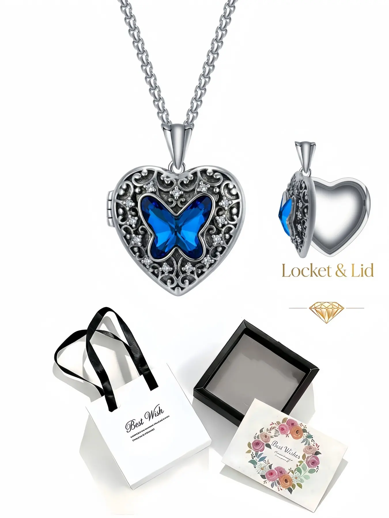 Blue Butterfly Dream Elegant blue diamond butterfly locket necklace, fade-resistant diamond inlaid pendant. Comes with exquisite drawer jewelry gift box. Ideal gift for women on birthdays, Mother's Day, Valentine's Day, Christmas and anniversaries.