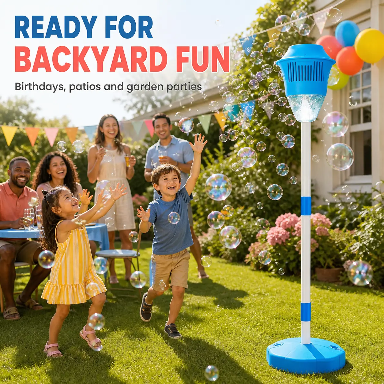 Plastic Standing Bubble Machine for Kids, Automatic 47-in Adjustable Height Maker with Music & Lights, Battery-Powered Blower with Water-Fill Base & Lawn Stake, Outdoor Summer Toy for Backyard Parties, Family Play (Sticker Packs Included)