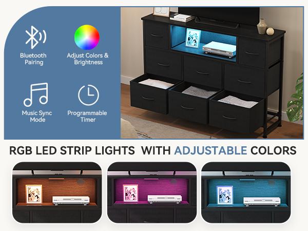 TV Stand Dresser with 8 Fabric Drawers, Media Console for 45-55 inch | LED Entertainment Center with Charging Station, Wood Top and Open Shelves, Bedroom