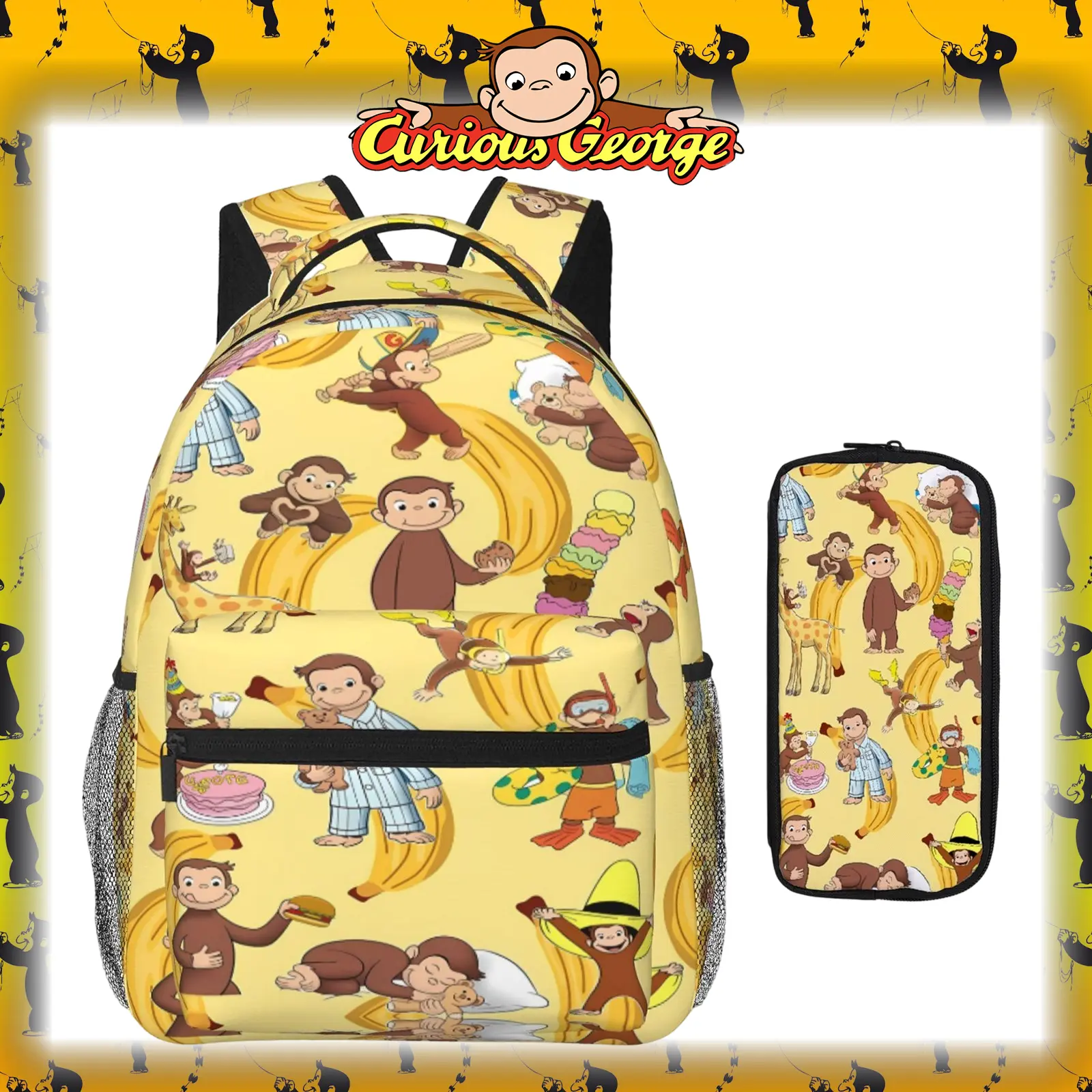 Men's Curious George Synthetic Backpack - Durable, Lightweight Weirdcore Novelty Print, Front Zip Quickgrab, Plush George Charm, Reinforced Stitch, Stretch Bottle Pocket, Funny Animal Character Campus Look Bag for Back to School Casual Travel