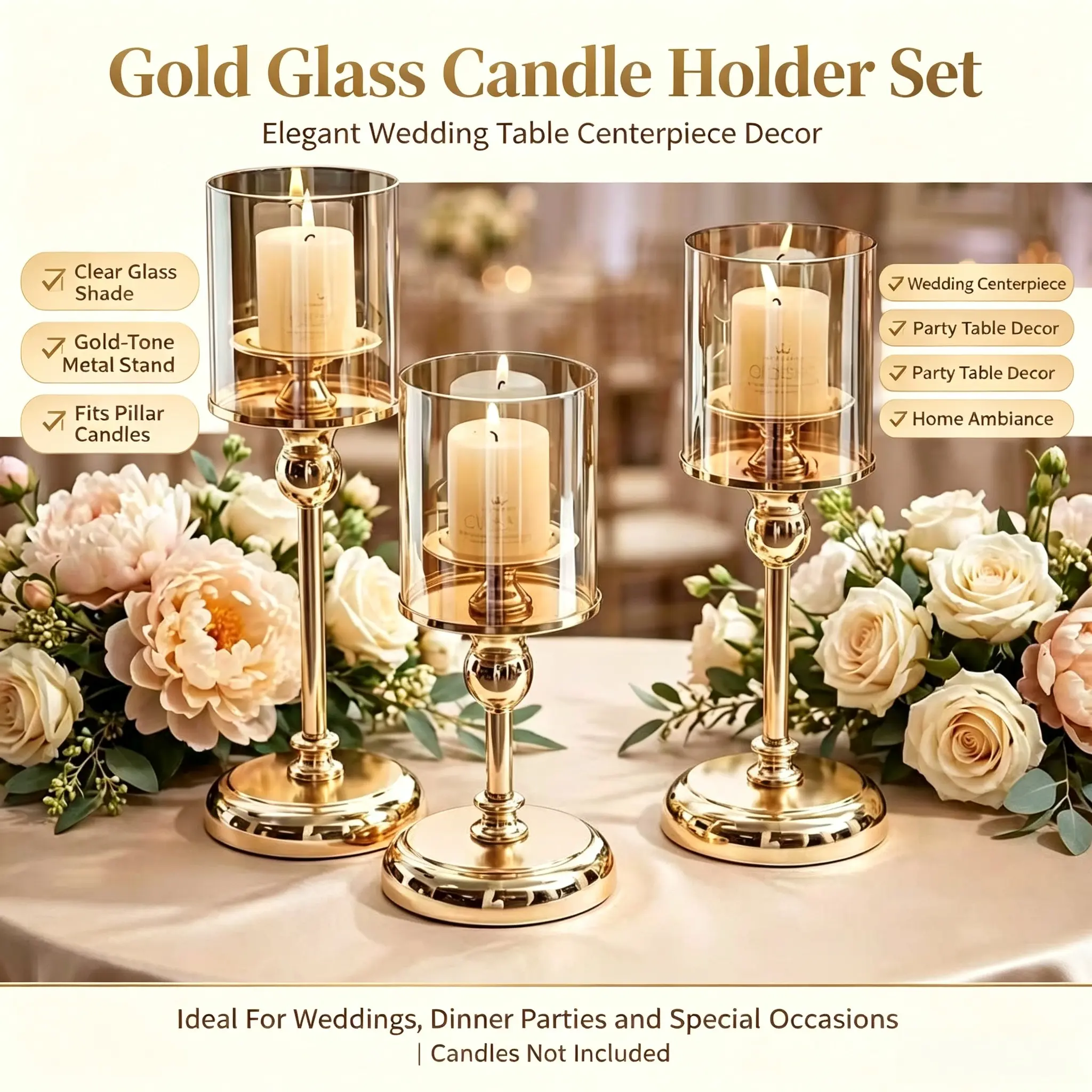 Gold Retro Metal Glass Votive Candle Holders - Windproof Home Decor, Table Centerpiece for Christmas, Wedding Occasions (Candles Not Included)