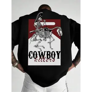Men's Skeleton Graphic & Letter Print Round Neck Tee, Loose Casual Short Sleeve T-shirt for Daily Wear, Men's Top for All Seasons, Graphic Tees, Western Clothing, Vintage Graphic Tees,  Mens Clothing