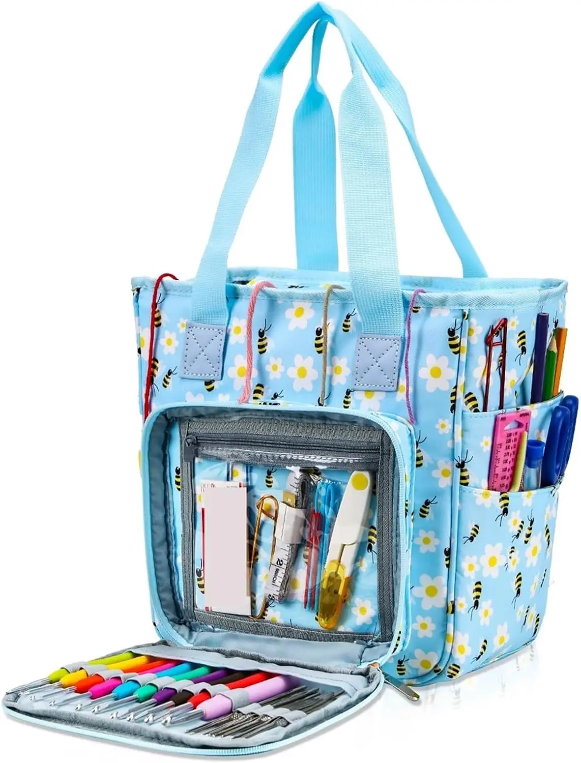 Large-Capacity Yarn Knitting Storage Tote, Bags Organizer Storage with Shoulder Strap, Travel-Ready On-The-Go Crochet Case for Unfinished Bulk Projects with Ample Space for Yarn