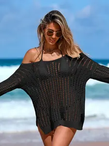 Sexy Women's Crochet Beach Cover Up - Lightweight Hollow Knit Long Sleeve Tunic Dress, Perfect Bikini Coverup for Summer Vacation, Honeymoon, Pool Party, Crochet Coverups